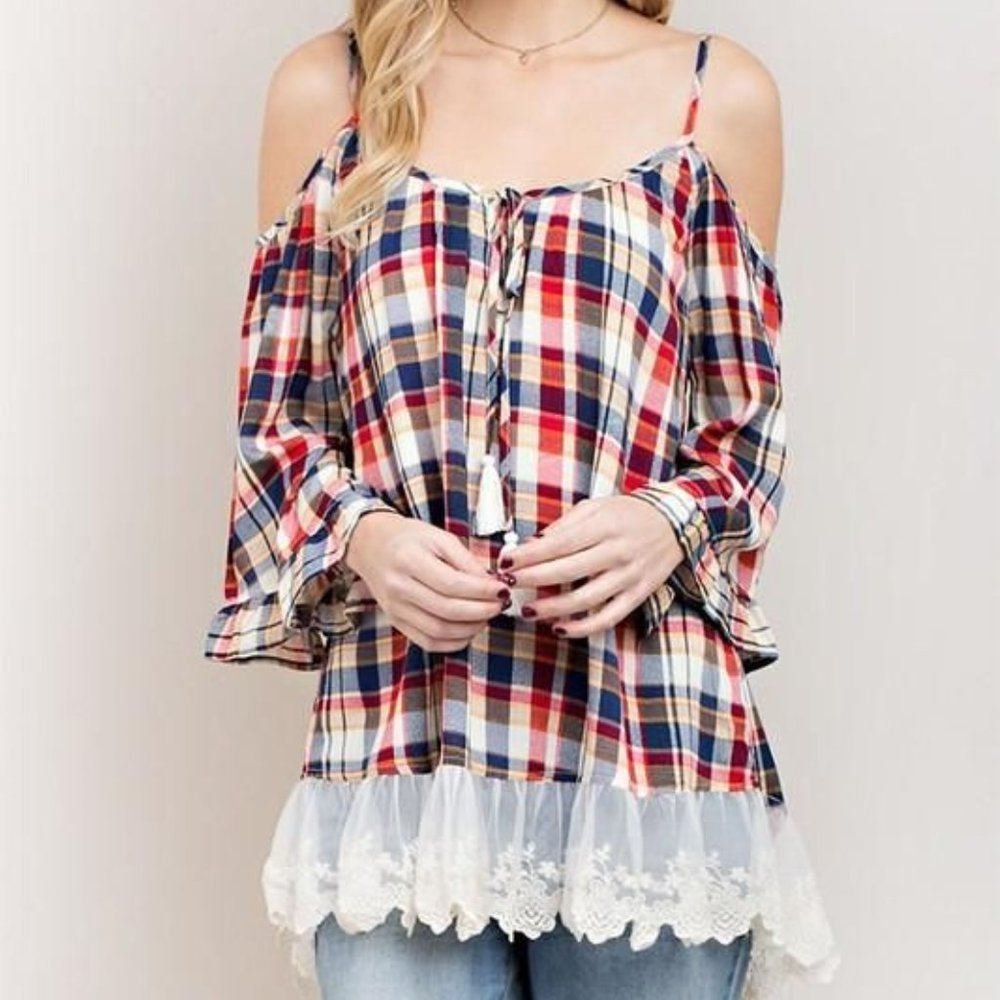 Kori America Cold Shoulder Plaid Lace Trimmed Tunic Top Size Small